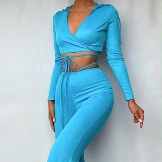Set: Long-sleeve Lace Up Hooded Crop Top + Skinny Pants