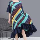 Printed Zip Irregular Hem Short-sleeve Midi A-line Dress