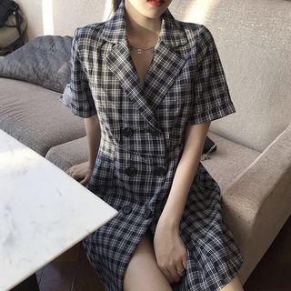 Short-sleeve Plaid Double-breasted Minidress