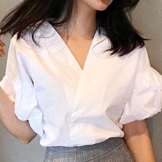 Puff Elbow-sleeve V-neck Blouse