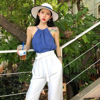 Set: Halter Top + Wide-leg Pants With Sash