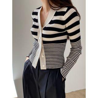 Striped V-neck Cardigan Black - One Size