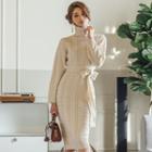 Long-sleeve Turtleneck Midi Cable Knit Dress Almond - One Size