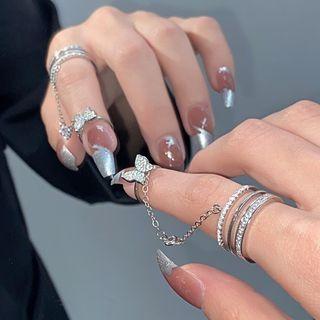 Butterfly Rhinestone Chain Alloy Nail Ring 1 Pc - 01 - M-219 - Silver - One Size