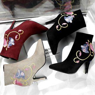 Embroidered High Heel Short Boots