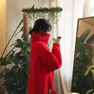 Turtle-neck Slit-side Loose-fit Knit Top