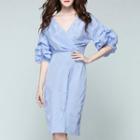 Striped Elbow-sleeve Sheath Dress