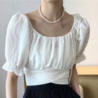 Puff-sleeve Off-shoulder Plain Ribbon Top