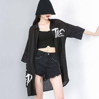3/4-sleeve Letter Oversized Shirt Black - One Size