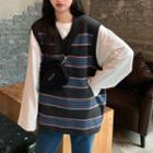V-neck Striped Knit Vest Sweater Gray - One Size