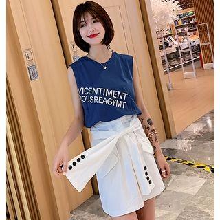 Set: Letter Tank Top + Tie-waist Mini Skirt