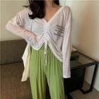 Long-sleeve Lettering Drawstring Front T-shirt / Wide-leg Split Hem Pants