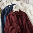 Ribbon-neckline Ruffled-trim Loose Shirt