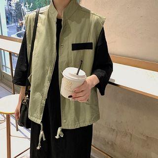 Crew-neck 3/4-sleeve T-shirt Dress / Lettering Drawstring Vest