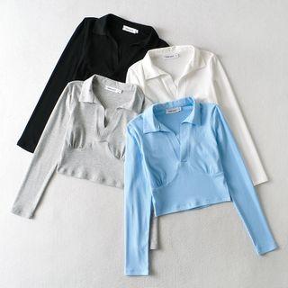 Long Sleeve V-neck Collar Crop Top