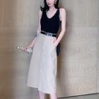 Sleeveless Plain Knit Top / High-waist Plain Split Hem Skirt
