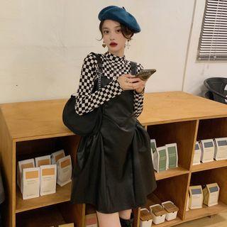 Long-sleeve Plaid Top + Plain Overall Dress