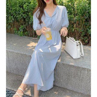 Puff Short-sleeve V-neck Plain Dress
