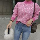 Mock-neck Floral Print Knit Top Pink - One Size