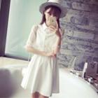 Tulle Panel Beaded Gather-waist Chiffon Dress