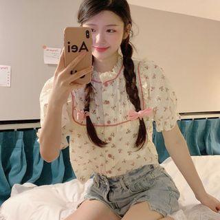 Short-sleeve Flower Print Blouse Flower Print - White - One Size