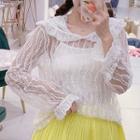 Long-sleeve Sailor-collar Lace Top White - One Size