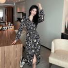 Long-sleeve Floral Print Sashed Slit Midi A-line Dress