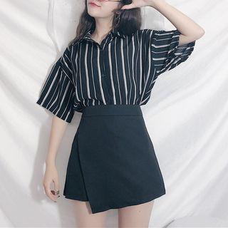 Striped Elbow Sleeve Shirt / Plain Skort