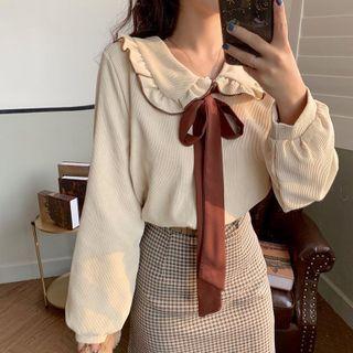 Puff-sleeve Ruffle Trim Blouse Khaki - One Size