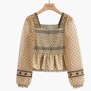 Long-sleeve Dotted Mesh Peplum Top