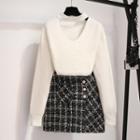 Cut-out Sweater / Plaid Mini A-line Skirt / Set