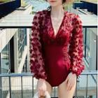 Set: Halter-neck Shirred Swimsuit + Flower Accent Cover-up Jacket