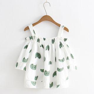 Elbow-sleeve Cold Shoulder Cat Print Top