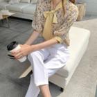 Floral Contrast Trim Elbow-sleeve Blouse / Straight-cut Pants