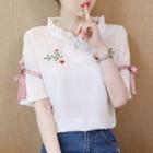 Short-sleeve Embroidered Floral Chiffon Blouse