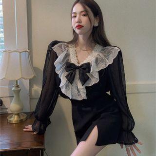 Bow Ruffle Lace Panel Blouse