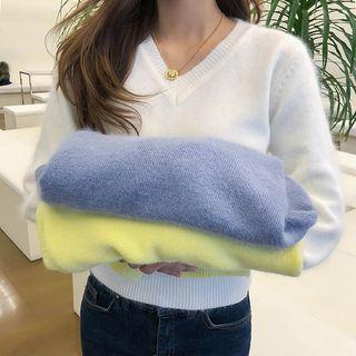 V-neck Bishop-sleeve Fuzzy Sweater