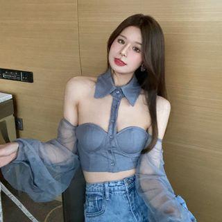 Collared Cold-shoulder Mesh Crop Top