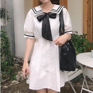 Bow Neck Short-sleeve A-line Dress White - One Size