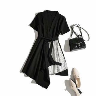 Asymmetric Striped Panel Midi A-line Dress