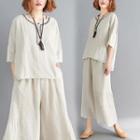 Set: Embroidered Elbow-sleeve Blouse + Wide Leg Pants