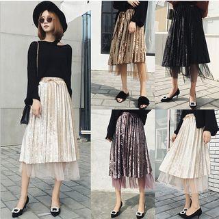 Midi Velvet Mesh Hem A-line Skirt