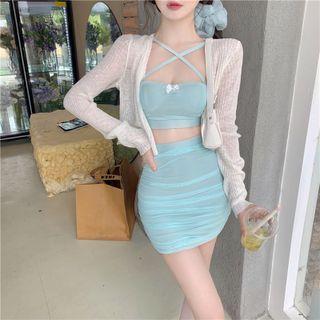 Cross Strap Crop Camisole / Pencil Skirt / Knit Cardigan