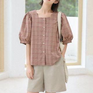 Puff-sleeve Plaid Shirt Brown - One Size