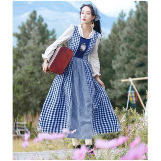 Set: Long-sleeve Plaid Midi A-line Dress + Head Band