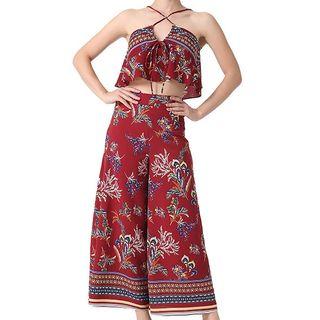 Set: Halter Printed Cropped Top + Wide-leg Pants