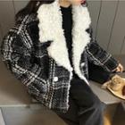 Plaid Fleece-lined Loose-fit Jacket Black - One Size