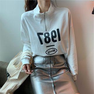 Long-sleeve Lettering Zipped Pullover / High-waist Faux Leather Skirt