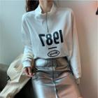 Long-sleeve Lettering Zipped Pullover / High-waist Faux Leather Skirt