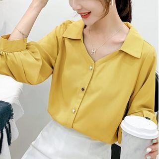 Long-sleeve Buttoned Plain Chiffon Top